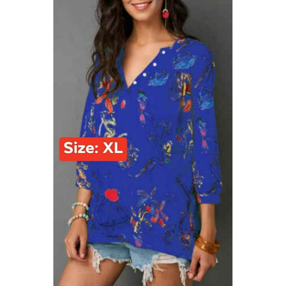 Bright Blue Floral Summer Polyester Blouse